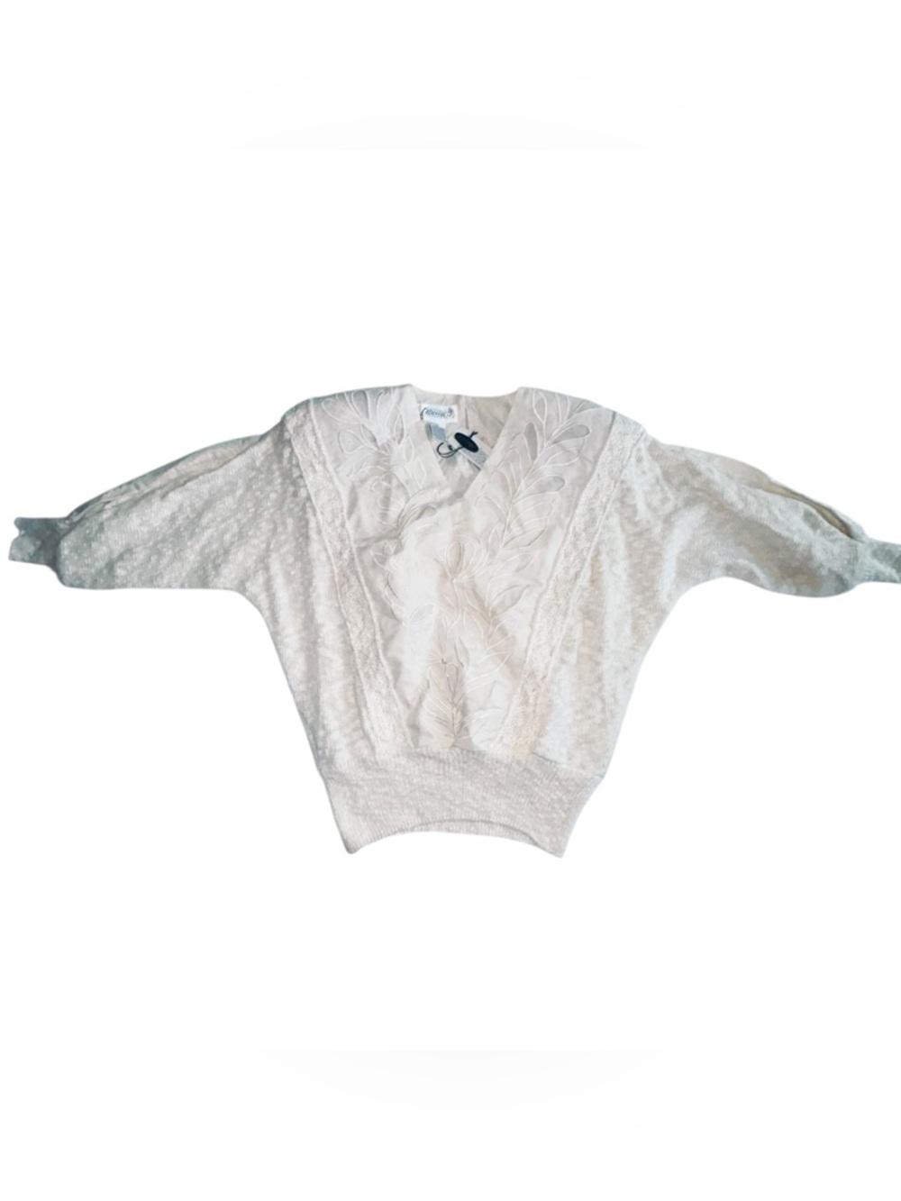 Embroidered V‑Neck Cream Knit Women's Sweater blouse mixed textures
80’s vibes